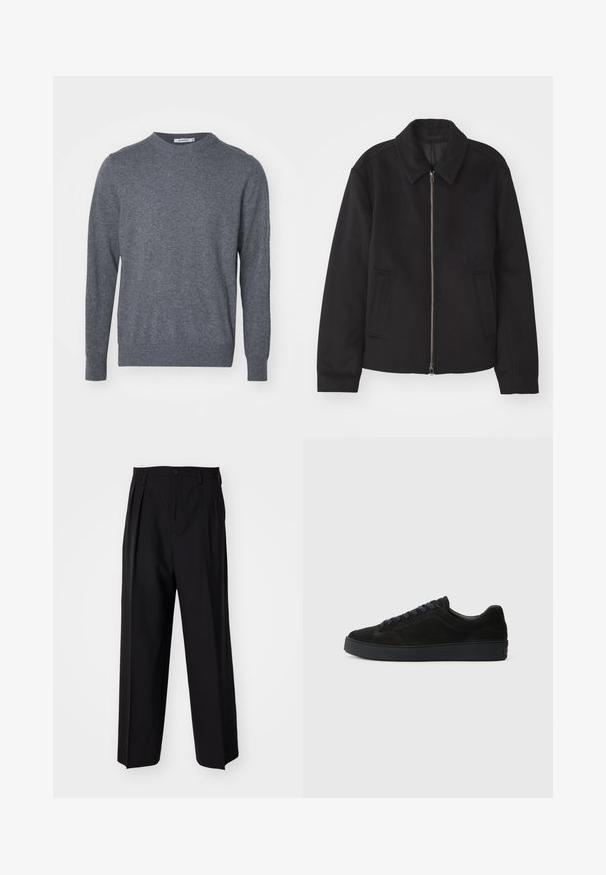 Must mustriga, mis on varustatud lukuga, kohandatud disaini, ümarate kaeluste ja lõhesalongidega taskudega. Valmistatud siledast, tekstuurilisest kangast.; Hall värvi pika varrukaga kudumissviiter, millel on ümar kaelus, soonikkoes mansetid ja alläär, esitlemisel valgel taustal.; Mustad volditud püksid sirge ja laia säärega disainiga. Valmistatud siledast kangast, millel on nuppudega sulgemine ja vööaasad.; Must have musta tennisjalats madala, tekstuuriga talla, ümara varbaga, kuue silmaga paelte jaoks ja minimalistlik disain.