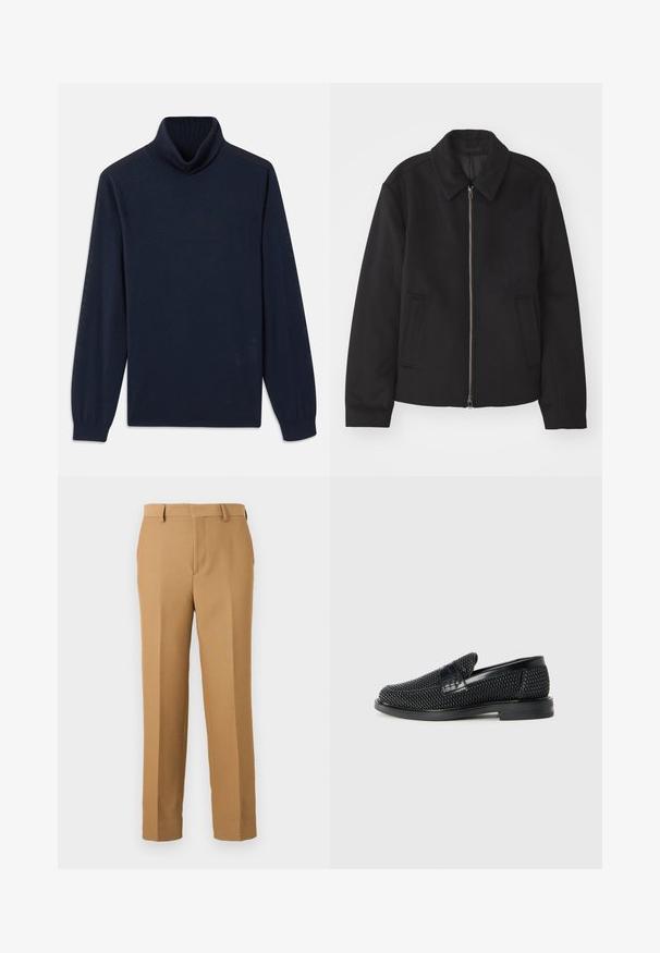Black jacket with a zip closure, tailored design, a rounded collar, and slit pockets. Made from a smooth, textured fabric.; Navy turtleneck sweater made of smooth fabric, featuring a ribbed collar and long sleeves with fitted cuffs. Simple design with no patterns.; Beige dress pants made of woven fabric, featuring a straight cut, flat front, and belt loops. Smooth texture with no visible patterns.; Black woven slip-on shoe with a smooth leather accent on the upper, a round toe design, and a low-profile rubber sole.