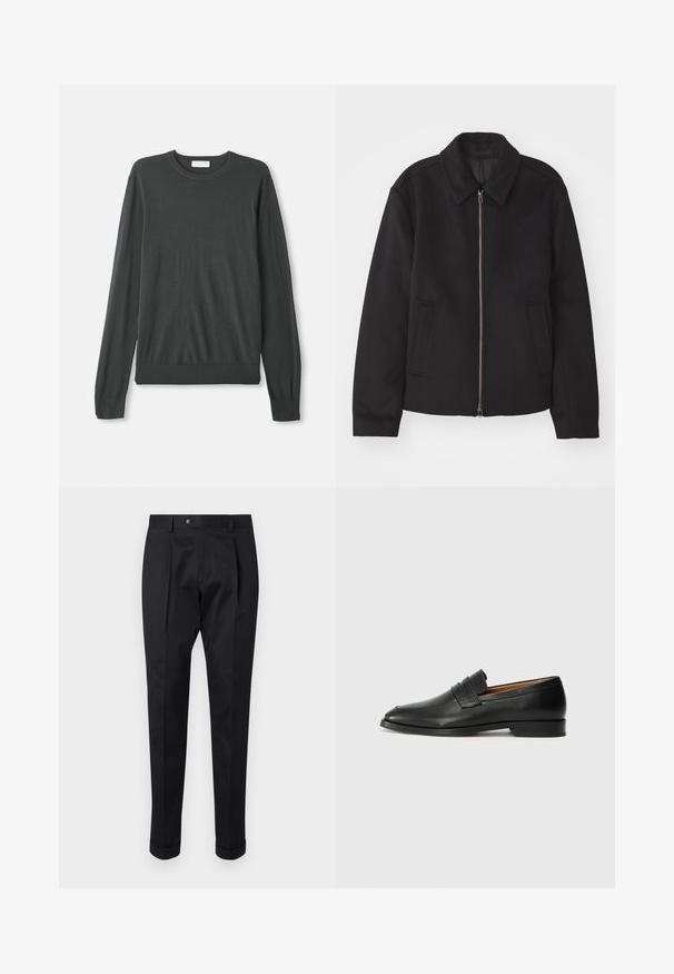 Black jacket with a zip closure, tailored design, a rounded collar, and slit pockets. Made from a smooth, textured fabric.; Dark gray long-sleeve knit sweater with a round neckline, fitted cuffs, and a ribbed hem. Smooth texture with no visible patterns or embellishments.; Black trousers made of a smooth fabric, featuring a fold at the front, a button closure, and rolled cuffs at the ankle.; Black leather loafer with a rounded toe, subtle stitched detailing, and a low heel, featuring a smooth texture and minimalist design.