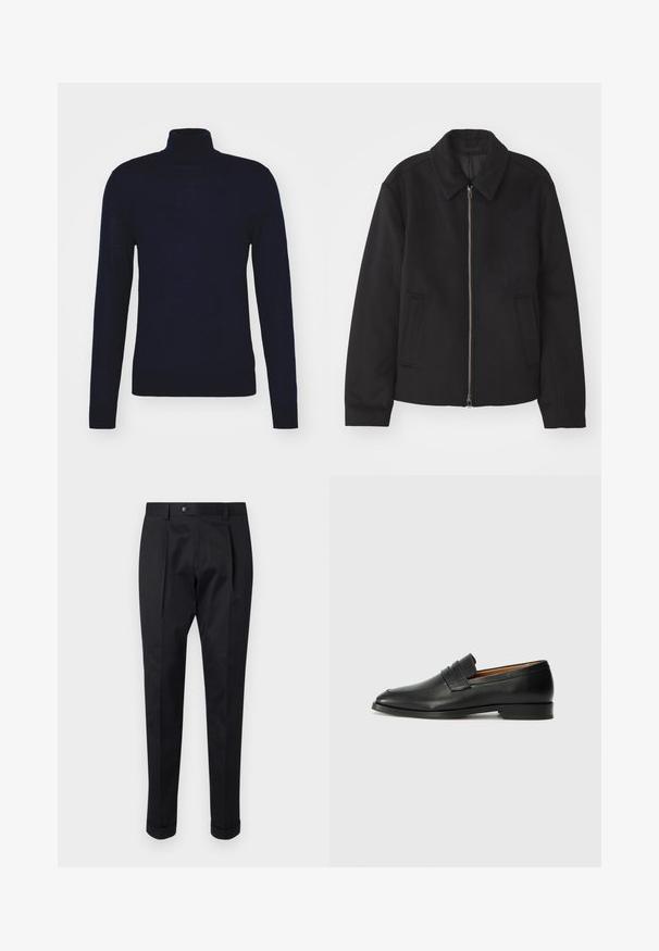 Giacca nera con chiusura con zip, design sartoriale, collo arrotondato e tasche a fessura. Realizzata in un tessuto morbido e texture.; Tiger of Sweden NEVILE - Maglione - light ink; Pantaloni neri realizzati in un tessuto liscio, con una piega sul davanti, chiusura con bottone e risvolti alla caviglia.; Mocassino in pelle nera con punta arrotondata, dettagli cuciti sottili e tacco basso, caratterizzato da una texture liscia e un design minimalista.