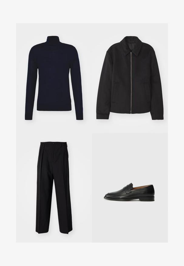 Jachetă neagră cu închidere prin fermoar, design ajustat, guler rotund și buzunare cu fanta. Fabricată dintr-un material neted, texturat.; Tiger of Sweden NEVILE - Pulover - light ink; Pantaloni negri plisat cu un design drept și pantaloni largi. Construiți dintr-un material neted, prevăzuți cu închidere cu nasture și bucle pentru curea.; Lofer din piele neagră, cu vârf rotund, detalii cusute subtile și toc jos, având o textură netedă și un design minimalist.