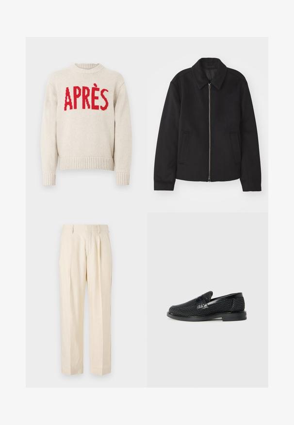 Giacca nera con chiusura con zip, design sartoriale, collo arrotondato e tasche a fessura. Realizzata in un tessuto morbido e texture.; Maglione beige lavorato a maglia con polsini e orlo a costine, caratterizzato da un esplosivo testo rosso "APRÈS" sul petto.; NN.07 KAY - Pantaloni - off white; Scarpa nera a mocassino intrecciata con un accentuato in pelle liscia sulla parte superiore, design a punta rotonda e suola in gomma a profilo basso.