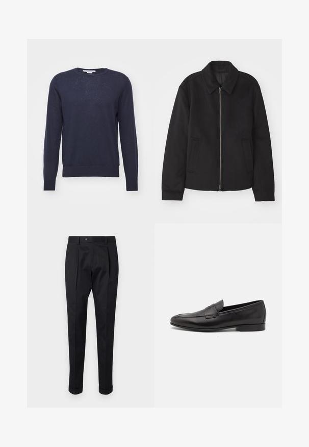 Veste noire avec fermeture éclair, design ajusté, col arrondi et poches fendue. Fabriquée dans un tissu lisse et texturé.; Tiger of Sweden MICHAS - Pullover - light ink; Pantalons noirs en tissu lisse, avec un pli à l'avant, une fermeture à bouton et des ourlets roulés à la cheville.; Mocassin pour homme en cuir noir avec un petit talon et un design classique à lanière penny, présenté en profil sur fond blanc.