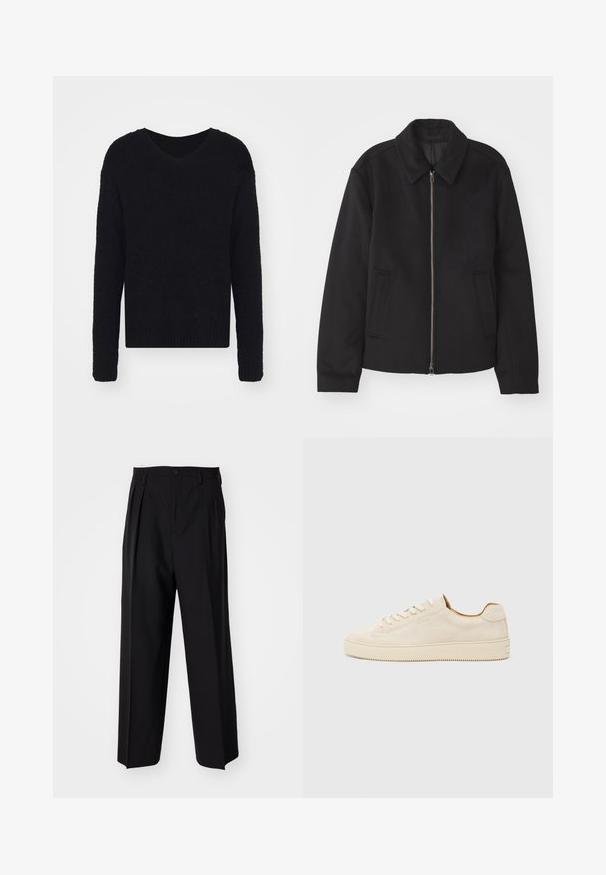 Černá bunda se zipovým uzávěrem, střižená designem, kulatým límcem a kapsami na bocích. Vyrobena z hladké, strukturované tkaniny.; Filippa K SOFT V NECK SWEATER - Svetr - black; Černé skládací kalhoty s rovnými, širokými nohavicemi. Vyrobené z hladké tkaniny, se zapínáním na knoflík a poutky na opasek.; Beige semišové tenisky s nízkým střihem, kulatou špičkou, plochými tkaničkami a texturovanou gumovou podrážkou. Minimalistický styl bez viditelných log.