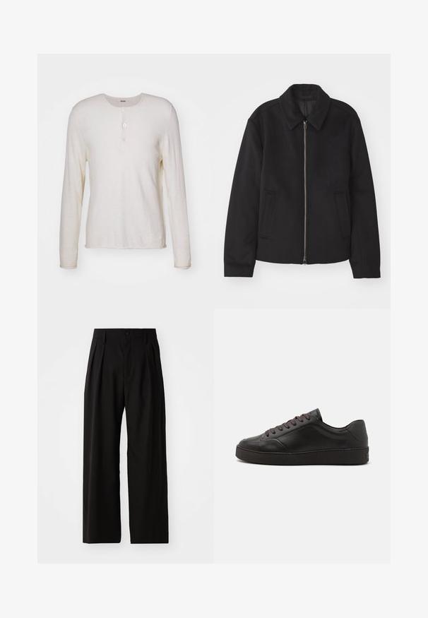 Jachetă neagră cu închidere prin fermoar, design ajustat, guler rotund și buzunare cu fanta. Fabricată dintr-un material neted, texturat.; Cămașă henley cu mânecă lungă, de culoare crem, confecționată dintr-un material moale, cu guler rotund, trei butoane în față și o margine dreaptă.; Pantaloni largi negri, cu o textură netedă, având două plii frontale, închidere cu nasture și buzunare laterale. Material durabil.; Sneaker din piele neagră, cu vârful rotunjit, suprafață texturată, șireturi maro și o talpă din cauciuc negru groasă. Design minimalist, fără logo-uri vizibile.