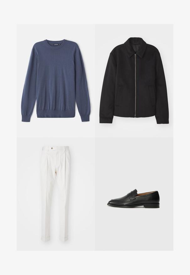 Crna jakna s patentnim zatvaračem, prilagođenog dizajna, zaobljenim kragnom i proreznim džepovima. Izrađena od glatkog, teksturiranog materijala.; Muški plavi pulover od mekog materijala, s okruglim izrezom, dugim rukavima, rebrastim manžetama i prilagođenim rubom. Glatka tekstura bez uzoraka.; Bijele, krojene hlače s ravnim prednjim dijelom, dva nabora i prevrnutim manžetama. Izrađene su od glatkog materijala s gumbom za zatvaranje u struku.; Crni kožni loafer s okruglim vrhom, suptilnim šavovima i niskim petama, s glatkom teksturom i minimalističkim dizajnom.