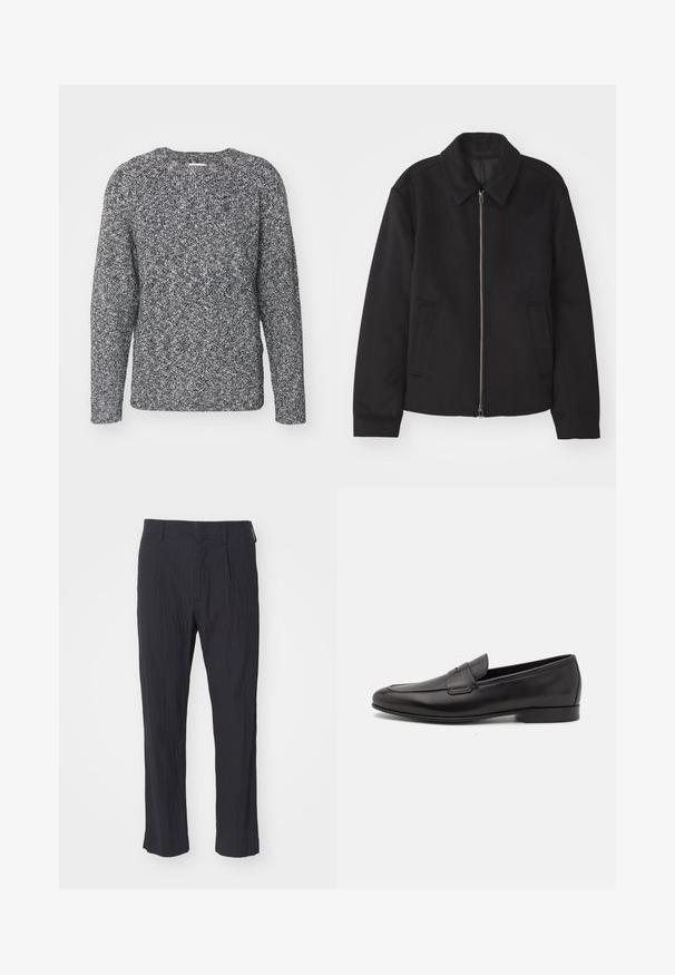 Czarna kurtka z zamkiem błyskawicznym, dopasowany krój, okrągły kołnierz i kieszenie cięte. Wykonana z gładkiego, teksturowanego materiału.; Szary i czarny wełniany sweter z okrągłym dekoltem, długimi rękawami i ściągaczami, z teksturowanym, wzorzystym materiałem.; Czarne spódnice z plisowaniem z teksturowanej tkaniny, z prostą nogawką i standardowym pasem. Brak widocznych kieszeni lub elementów metalowych.; Czarne skórzane męskie loafersy z niskim obcasem i klasycznym paskiem penny, przedstawione w profilu bocznym na białym tle.