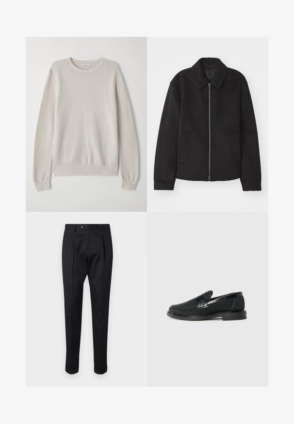 Black jacket with a zip closure, tailored design, a rounded collar, and slit pockets. Made from a smooth, textured fabric.; Light beige sweater made of soft knit fabric. Crew neckline, long sleeves, ribbed cuffs, and hem with subtle texture detail.; Black trousers made of a smooth fabric, featuring a fold at the front, a button closure, and rolled cuffs at the ankle.; Black woven slip-on shoe with a smooth leather accent on the upper, a round toe design, and a low-profile rubber sole.