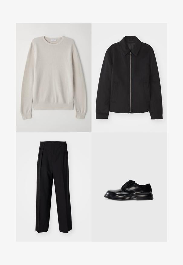 Črna jakna z zadrgo, prilagojena zasnova, okrogla ovratnica in žepi z rezi. Narejena iz gladke, teksturirane tkanine.; Svetlo bež pulover iz mehkega pletenega materiala. Okrugli izrez, dolgi rokavi, rebrasti robovi in rob s subtilno teksturno podrobnostjo.; Črne nabirane hlače s ravnim, širokim krojem. Narejene so iz gladkega materiala in imajo zadrgo ter pasne zanke.; Črna usnjena obutev za moške z zaobljenim nosom, gladko površino, vezalnim dizajnom in slojenim peto. Minimalističen stil brez vidnih logotipov.