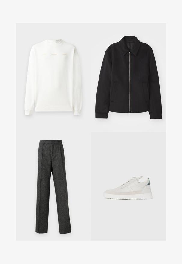 Čierna bunda so zipsom, upravený strih, okrúhly golier a bočné vrecká. Vyrobená z hladkej, textúrovanej látky.; Biely sveter s okrúhlym výstrihom, dlhými rukávmi a rebrovanými manžetami. Na prednej strane má zlatý potlačený text: "HZW (25-26) HOLZWEILER THE SUN."; Sivé úzke nohavice z textúrovanej látky, s dvoma prednými skladmi a rovnými nohavicami. Bez viditeľných vreciek alebo ozdôb.; Biele kožené tenisky s šedými semišovými akcentmi, viazanie, pútko na päte a textúrovaná gumová podrážka s cik-cak vzorom.