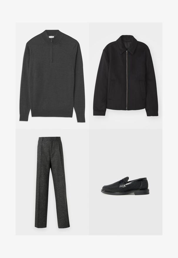 Musta takki vetoketjukiinnityksellä, muotoiltu design, pyöreä kaulus ja viilto-taskut. Valmistettu sileästä, tekstuuripinnoitteisesta kankaasta.; Tummanharmaa neulepusero, jossa on vetoketjukaulus, pitkät hihat, joustavat hihansuut ja helma, valmistettu pehmeästä kankaasta, jossa on sileä tekstuuri.; Harmaat räätälöidyt housut, jotka on valmistettu teksturoidusta kankaasta, ja niissä on kaksi etutaskua ja suora lahjemuoto. Ei näkyviä taskuja tai koristeluja.; Musta kudottu liukupohjallinen kenka, jossa on sileä nahkakorostus päällisessä, pyöreä kärki ja matala kumipohja.