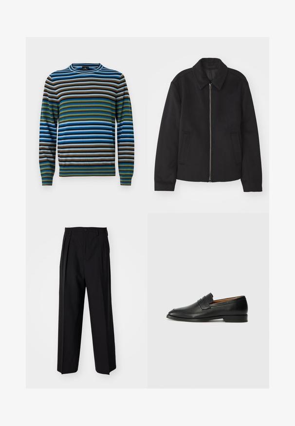 Black jacket with a zip closure, tailored design, a rounded collar, and slit pockets. Made from a smooth, textured fabric.; Striped sweater featuring horizontal lines in blue, green, brown, and grey; made of soft material with a crew neckline and ribbed cuffs.; Black pleated trousers with a straight, wide-leg design. Made from smooth fabric, featuring a button closure and belt loops.; Black leather loafer with a rounded toe, subtle stitched detailing, and a low heel, featuring a smooth texture and minimalist design.