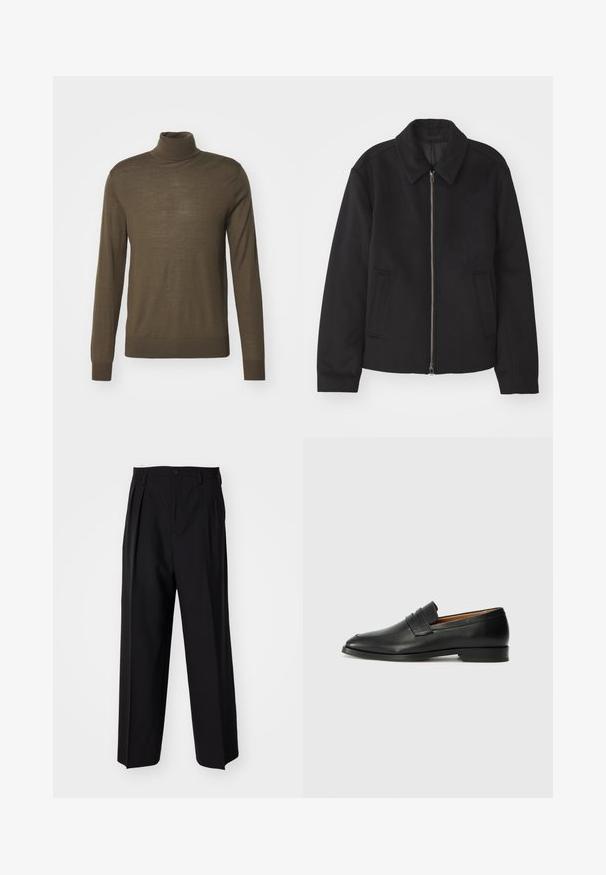 Juodas švarkas su užtrauktuku, pritaikyta forma, apvaliu apykakle ir kišenėmis su plyšiu. Pagamintas iš lygios, tekstūruotos medžiagos.; Tiger of Sweden NEVILE - Džemperis - october sage; Juodi klostuoti kelnių, su tiesiu, plačiu kojų dizainu. Pagaminti iš lygios medžiagos, su mygtukų uždarymu ir diržo kilputėmis.; Juodas odinis loaferis su apvaliu nosiu, subtiliomis siuvimo detalėmis ir žemu kulnu, pasižymintis lygia tekstūra ir minimalistiniu dizainu.