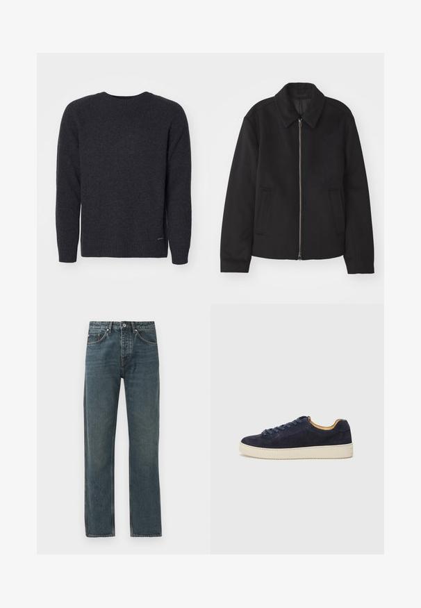 Fekete dzseki cipzárral, testreszabott dizájnnal, kerek nyakkal és zsebekkel. Sima, texturált anyagból készült.; Sötét szürke kötött pulóver, kerek nyakkal, hosszú ujjal és bordás mandzsettával. Simább textúra, a bal alsó részen egy finom logó részlettel.; Sötétkék farmernadrág egyenes lábbal, öt zsebbel, gombos záródással és kontrasztos varrási részletekkel.; Tengerészeti suède alacsony szárú sportcipő kerek orral, törtfehér gumitalppal és hozzá illő fűzőszerkezet; kontrasztos barna belső béléssel rendelkezik.