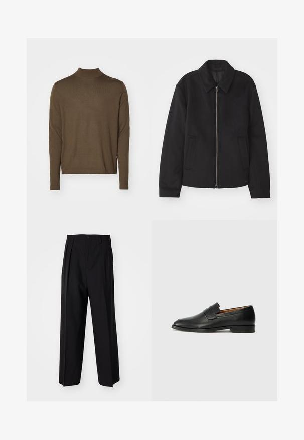 Casaco preto com fecho de correr, design ajustado, colarinho redondo e bolsos com fenda. Feito de um tecido liso e texturizado.; Tiger of Sweden TERN - Camisola - green; Calças pretas plissadas com um design reto e de perna larga. Feitas de um tecido liso, apresentam um fecho de botão e passantes para cinto.; Sapatilha de couro preta com biqueira arredondada, detalhes cosidos discretos e um salto baixo, apresentando uma textura suave e um design minimalista.