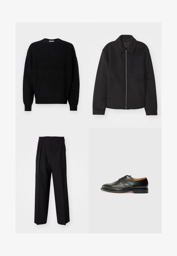 Fekete dzseki cipzárral, testreszabott dizájnnal, kerek nyakkal és zsebekkel. Sima, texturált anyagból készült.; Fekete kötött pulóver bordás textúrával, kerek nyakkal és sütetett vállakkal, hosszú ujjak és laza szabás jellemzi.; Fekete, pliszírozott nadrág, egyenes, széles lábakkal. Sima anyagból készült, gombos záródással és övhurkokkal rendelkezik.; Fekete bőr dresszcipő sima felülettel, kerek orral és minimális fűzéssel. Diszkrét dizájn jellemzi, alacsony, masszív gumitalpakkal.