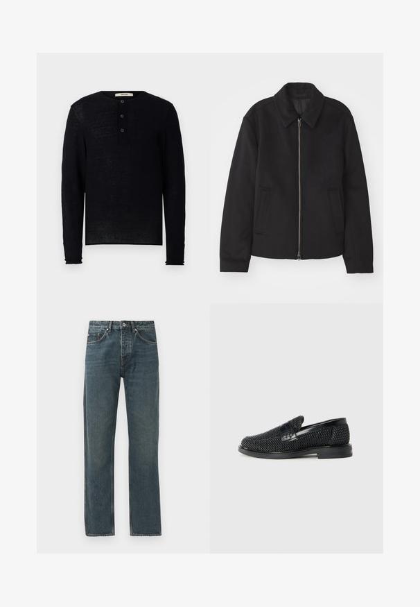 Schwarze Jacke mit Reißverschluss, tailliertem Schnitt, rundem Kragen und Schlitztaschen. Hergestellt aus einem glatten, strukturierten Stoff.; Schwarzes Langarm-Henley-Shirt aus weichem Stoff, mit rundem Ausschnitt und drei vorderen Knöpfen. Leicht lockere Passform mit gerippten Bündchen.; Dunkelblaue Denim-Jeans mit geradem Bein-Design, ausgestattet mit fünf Taschen, einem Knopfverschluss und kontrastierenden Steppdetails.; Schwarzer geflochtener Slipper mit einem glatten Lederakzent im Obermaterial, einem runden Zehendesign und einer flachen Gummisohle.