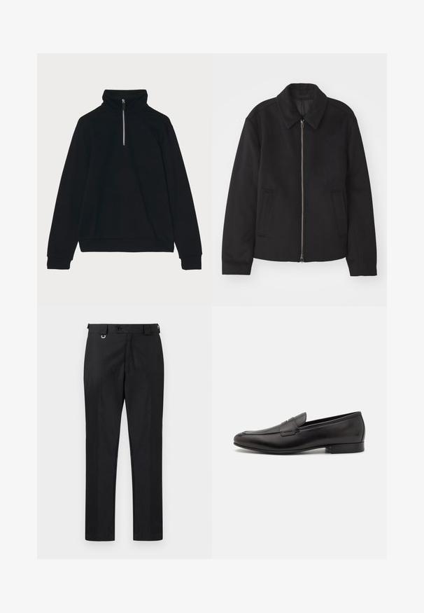 Černá bunda se zipovým uzávěrem, střižená designem, kulatým límcem a kapsami na bocích. Vyrobena z hladké, strukturované tkaniny.; GCDS ESSENTIALS HALF ZIP - Mikina - black; Černé tailored kalhoty se střihem rovného střihu, které mají zapínání na knoflík a poutka na opasek. Hladký materiál s minimálními detaily.; Černé kožené mokasíny s elegantním designem, zaoblenou špičkou a nízkým podpatkem. Mají dekorativní prošívaný detail na svršku.