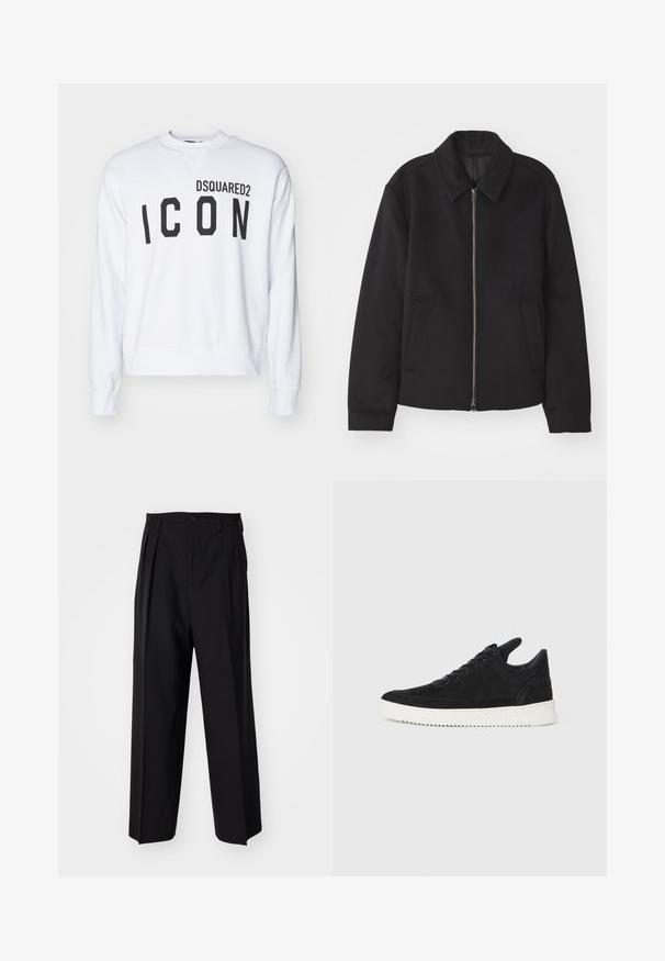 Schwarze Jacke mit Reißverschluss, tailliertem Schnitt, rundem Kragen und Schlitztaschen. Hergestellt aus einem glatten, strukturierten Stoff.; Weißes Sweatshirt mit "DSQUARED2" und "ICON" in fetter schwarzer Schrift. Rundkragen mit gerippten Ärmelbündchen und Saum. Lässige Passform.; Schwarze, plissierte Hose mit geradem, weitem Bein. Hergestellt aus glattem Stoff, mit Knopfverschluss und Gürtelschlaufen.; Schwarze Wildleder-Sneaker mit einer weißen Gummisohle, die sich durch elegante Nähte und ein schnürbares Design auszeichnen. Glatte Textur mit einer modernen, stromlinienförmigen Form.