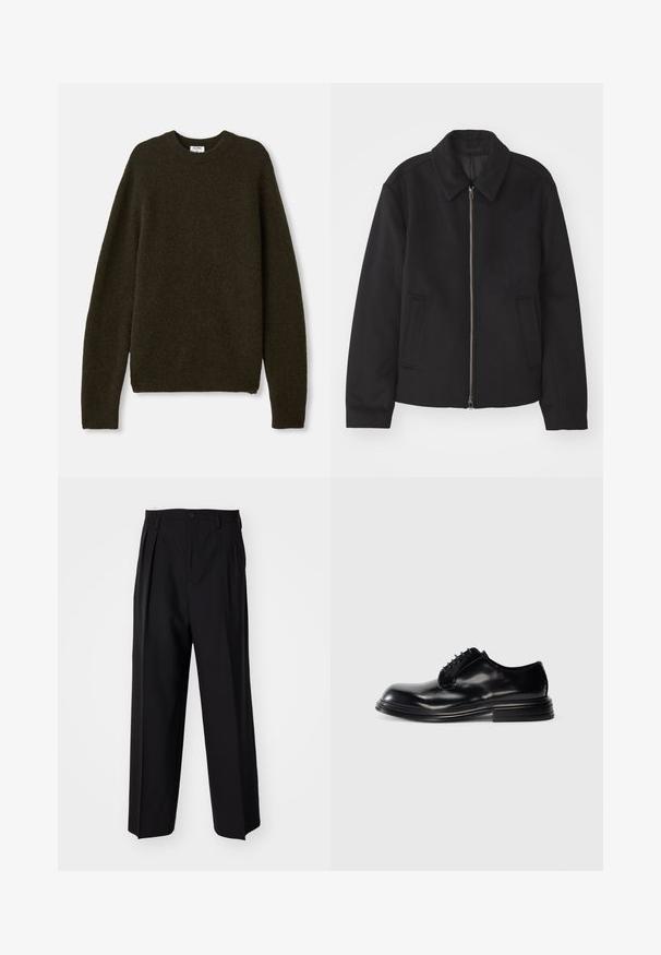 Jachetă neagră cu închidere prin fermoar, design ajustat, guler rotund și buzunare cu fanta. Fabricată dintr-un material neted, texturat.; Pulover tricotat de culoare verde închis, cu guler rotund, mâneci lungi și margini ribbate. Fabricat dintr-un material moale, texturat, dintr-un amestec de lâna.; Pantaloni negri plisat cu un design drept și pantaloni largi. Construiți dintr-un material neted, prevăzuți cu închidere cu nasture și bucle pentru curea.; Pantof cu toc din piele neagră, cu vârf rotunjit, finisaj neted, design cu șireturi și toc stratificat. Stil minimalist fără logo-uri vizibile.
