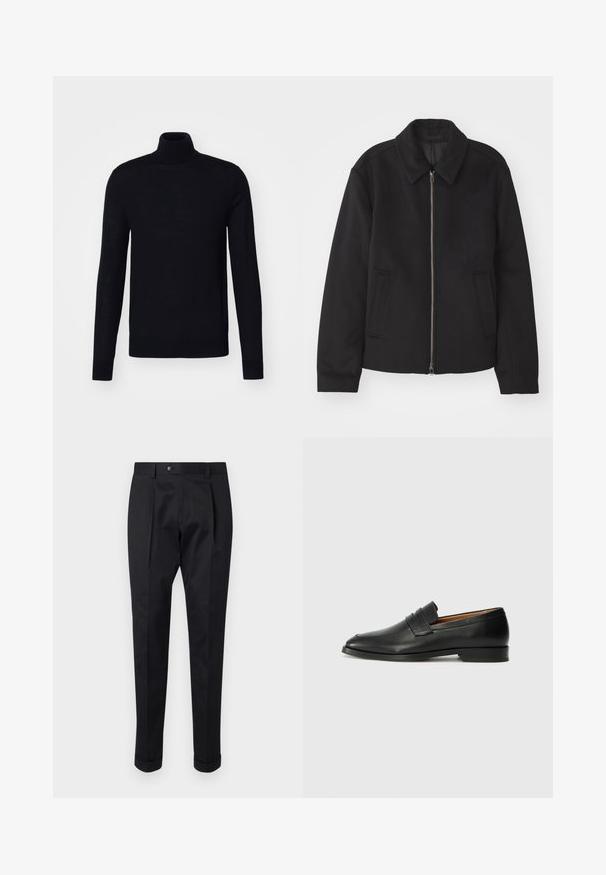 Jachetă neagră cu închidere prin fermoar, design ajustat, guler rotund și buzunare cu fanta. Fabricată dintr-un material neted, texturat.; Pulover negru cu guler înalt, mâneci lungi, design ajustat, textură tricotată, material moale, fără modele sau accente vizibile.; Pantaloni negri dintr-un material neted, cu o pliță în față, închidere cu nasture și manșete răsucite la gleznă.; Lofer din piele neagră, cu vârf rotund, detalii cusute subtile și toc jos, având o textură netedă și un design minimalist.