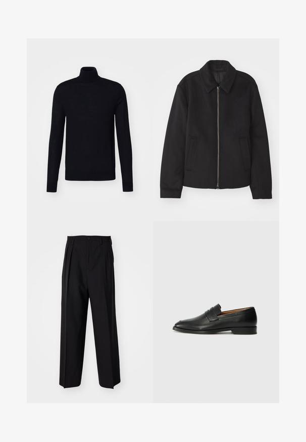 Juodas švarkas su užtrauktuku, pritaikyta forma, apvaliu apykakle ir kišenėmis su plyšiu. Pagamintas iš lygios, tekstūruotos medžiagos.; Juodas golfas, ilgomis rankovėmis, prigludusi konstrukcija, megztas audinys, minkšta medžiaga, be matomų raštų ar akcentų.; Juodi klostuoti kelnių, su tiesiu, plačiu kojų dizainu. Pagaminti iš lygios medžiagos, su mygtukų uždarymu ir diržo kilputėmis.; Juodas odinis loaferis su apvaliu nosiu, subtiliomis siuvimo detalėmis ir žemu kulnu, pasižymintis lygia tekstūra ir minimalistiniu dizainu.