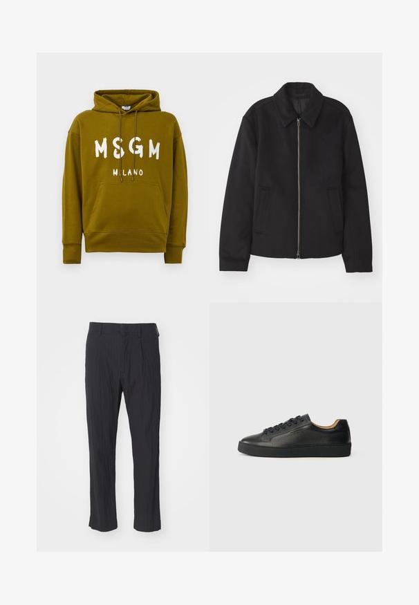 Černá bunda se zipovým uzávěrem, střižená designem, kulatým límcem a kapsami na bocích. Vyrobena z hladké, strukturované tkaniny.; Olivově zelená mikina s kapucí s bílým textem "MSGM MILANO" na přední straně, vybavená přední klokaní kapsou a stahovací kapucí.; Černé plisé kalhoty s texturovanou tkaninou, s rovně střiženými nohavicemi a standardním pasem. Žádné viditelné kapsy nebo kovové prvky.; Černé nízké kožené tenisky s texturovaným povrchem, černými tkaničkami a silnou gumovou podrážkou, zobrazené z boku na světlém pozadí.