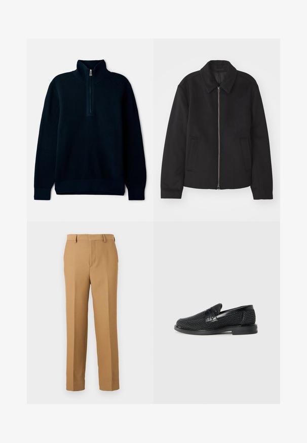 Black jacket with a zip closure, tailored design, a rounded collar, and slit pockets. Made from a smooth, textured fabric.; Navy blue high neck pullover with a half zipper, made of ribbed texture fabric and featuring long sleeves and a straight hem.; Beige dress pants made of woven fabric, featuring a straight cut, flat front, and belt loops. Smooth texture with no visible patterns.; Black woven slip-on shoe with a smooth leather accent on the upper, a round toe design, and a low-profile rubber sole.