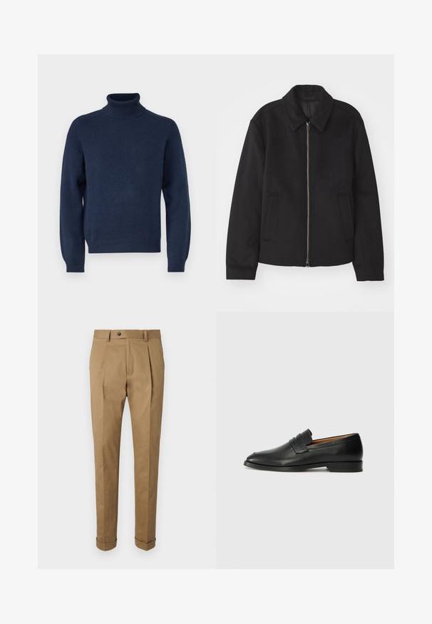 Crna jakna s patentnim zatvaračem, prilagođenog dizajna, zaobljenim kragnom i proreznim džepovima. Izrađena od glatkog, teksturiranog materijala.; Mornarskoplavi rolak od mekog pletenog materijala. Ima duge rukave i rebraste manžete i rub. Jednostavan, klasičan dizajn.; Kaki hlače s krojem, koji se dobro uklapaju, s nabranicama, gumbom, petljama za remen i preklopljenim manžetama. Izrađene od glatkog, izdržljivog materijala.; Crni kožni loafer s okruglim vrhom, suptilnim šavovima i niskim petama, s glatkom teksturom i minimalističkim dizajnom.