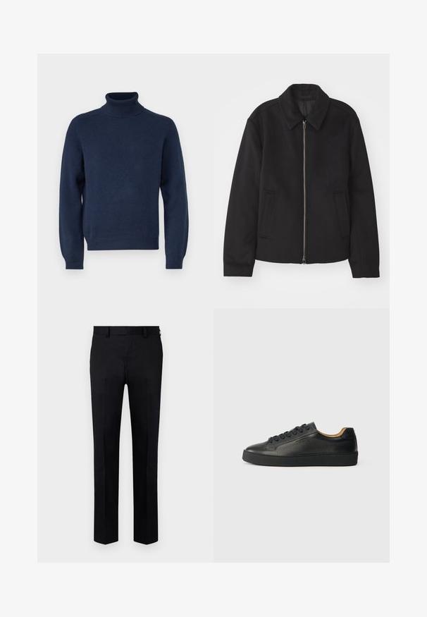 Črna jakna z zadrgo, prilagojena zasnova, okrogla ovratnica in žepi z rezi. Narejena iz gladke, teksturirane tkanine.; Temno modra rolka iz mehkega pletenega blaga. Ima dolge rokave ter rebraste manšete in rob. Preprost, klasičen dizajn.; Črne hlače iz gladkega blaga, z naravnim krojem nog, sprednjim pregibom in zankami za pas. Brez vidnih vzorcev ali dodatkov.; Črne nizke usnjene superge z teksturirano površino, črnimi vezalkami in debelim gumijastim podplatom, prikazane s strani na svetli podlagi.