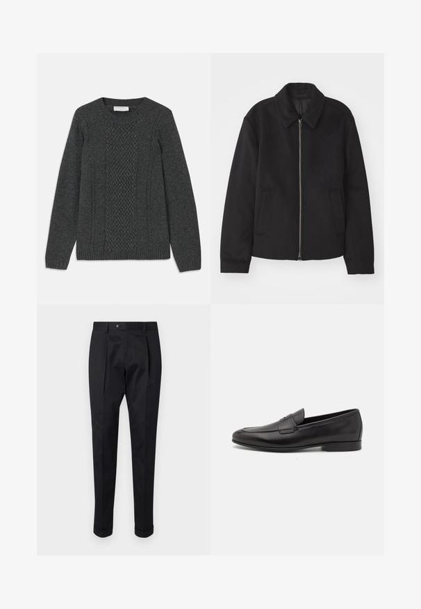 Schwarze Jacke mit Reißverschluss, tailliertem Schnitt, rundem Kragen und Schlitztaschen. Hergestellt aus einem glatten, strukturierten Stoff.; Grau gestrickter Pullover mit einem strukturierten Rautenmuster auf der Vorderseite, gerippten Bündchen und einem klassischen Rundhalsausschnitt.; Schwarze Hosen aus einem glatten Stoff, mit einem Faltenwurf vorne, einem Knopfverschluss und umgeschlagenen Säumen am Knöchel.; Schwarze Leder-Herrenloafer mit niedrigem Absatz und klassischem Penny-Riemen-Design, seitlich auf einem weißen Hintergrund dargestellt.