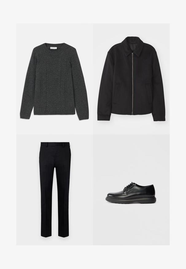 Schwarze Jacke mit Reißverschluss, tailliertem Schnitt, rundem Kragen und Schlitztaschen. Hergestellt aus einem glatten, strukturierten Stoff.; Grau gestrickter Pullover mit einem strukturierten Rautenmuster auf der Vorderseite, gerippten Bündchen und einem klassischen Rundhalsausschnitt.; Schwarze Hose aus glattem Stoff mit geradem Bein, Vorderfalten und Gürtelschlaufen am Bund. Keine sichtbaren Muster oder Akzente.; Schwarze Leder Schnür-Oxford-Schuhe mit dicker Sohle und "WATERMAN"-Prägung an der Seite, im Profil auf hellem grauen Hintergrund gezeigt.