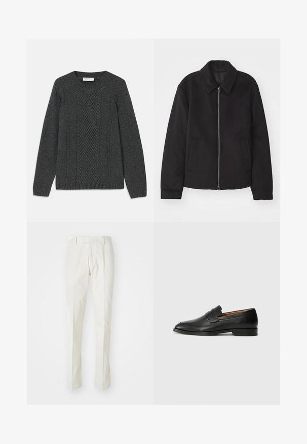 Juodas švarkas su užtrauktuku, pritaikyta forma, apvaliu apykakle ir kišenėmis su plyšiu. Pagamintas iš lygios, tekstūruotos medžiagos.; Pilkas mezgamas megztinis, turintis tekstūrinį deimanto raštą priekyje, raukšlėtus rankogalius ir klasikinį apvalų iškirpimą.; Balti medvilniniai kelnių modeliai, tiesaus silueto, lygia priekyje, be matomų raštų ar detalių. Lygus paviršius.; Juodas odinis loaferis su apvaliu nosiu, subtiliomis siuvimo detalėmis ir žemu kulnu, pasižymintis lygia tekstūra ir minimalistiniu dizainu.