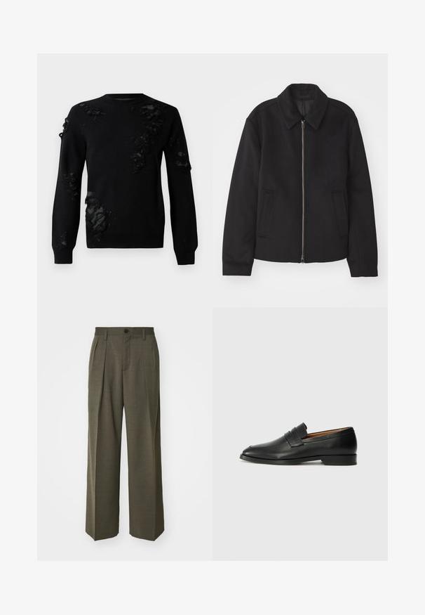 Melnā jaka ar rāvējslēdzēju, piegrieztas formas dizains, noapaļots apkakle un šķēluma kabatas. Izgatavota no gludas, teksturētas auduma.; Melna džemperis ar garām piedurknēm, kas ietver nolietotu audumu akcentus un teksturētas plāksterus. Apaļš kakla izgriezums un mīksts adījums.; Filippa K WIDE TROUSERS - Auduma bikses - driftwood; Melnas ādas loafers ar noapaļotu purngala formu, smalku izšuvumu un zemu papēdi, piedāvājot gludu tekstūru un minimālistisku dizainu.