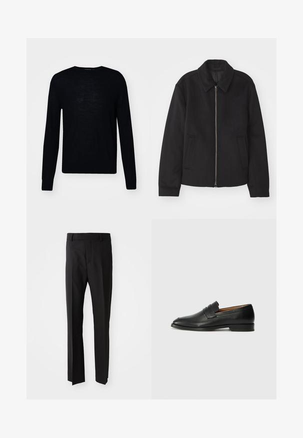 Veste noire avec fermeture éclair, design ajusté, col arrondi et poches fendue. Fabriquée dans un tissu lisse et texturé.; Tiger of Sweden CONNOR - Pullover - black; Un pantalon noir à coupe droite, en tissu lisse, avec une taille à passants de ceinture et des poches latérales. Aucun motif ou accent visible.; Mocassin en cuir noir avec un bout arrondi, des coutures subtiles et un talon bas, présentant une texture lisse et un design minimaliste.