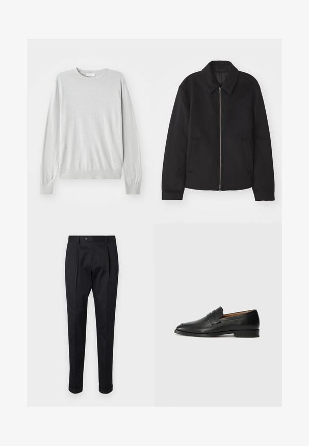 Must mustriga, mis on varustatud lukuga, kohandatud disaini, ümarate kaeluste ja lõhesalongidega taskudega. Valmistatud siledast, tekstuurilisest kangast.; Hele halli kudum sweater, mis on varrukatega, ümmarguse kaelusega ning ribakudumistega mansettide ja alläärega. Valmistatud pehmest ja siledast materjalist.; Mustad püksid siledast kangast, millel on ees voldid, nööbisuletus ja pahkluul keeratud varrukad.; Must musta loafers ümarate varvastega, peene tikandiga ja madala kontsaga, millel on sile tekstuur ja minimalistlik disain.