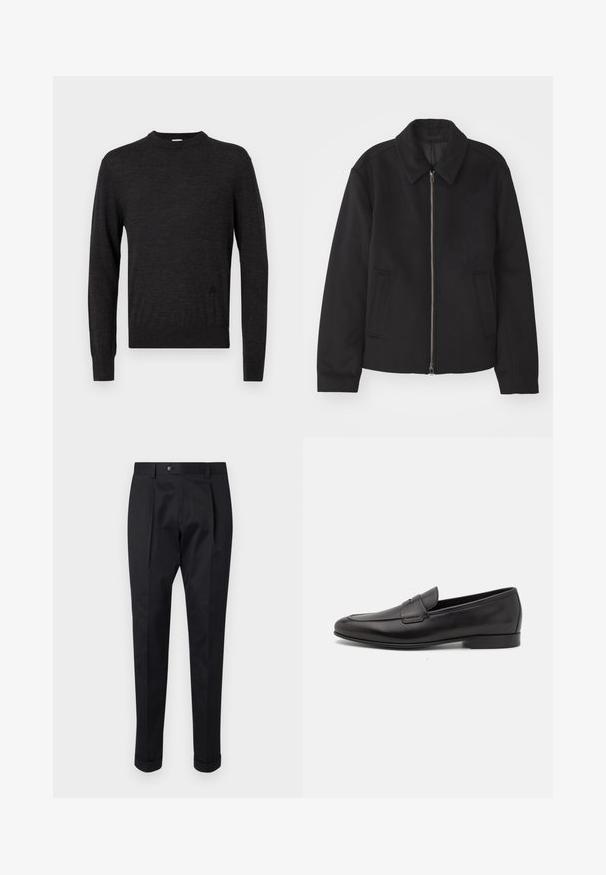 Black jacket with a zip closure, tailored design, a rounded collar, and slit pockets. Made from a smooth, textured fabric.; Black, long-sleeve sweater with a crew neck, made of smooth material, featuring a subtle logo on the side and a fitted silhouette.; Black trousers made of a smooth fabric, featuring a fold at the front, a button closure, and rolled cuffs at the ankle.; Black leather men's loafer with a low heel and a classic penny strap design, shown in side profile on a white background.