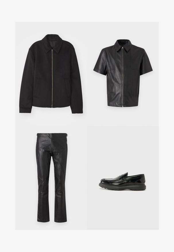 Black jacket with a zip closure, tailored design, a rounded collar, and slit pockets. Made from a smooth, textured fabric.; Black leather short-sleeve shirt jacket with a collared neckline, front zipper, and two chest pockets, featuring smooth texture and structured design.; Black leather pants with a straight-leg design, featuring zippered pockets, knee patches, and adjustable waist details. Smooth texture.; Black leather loafer with a glossy finish, rounded toe, subtle stitching details, and a thick rubber sole for durability.