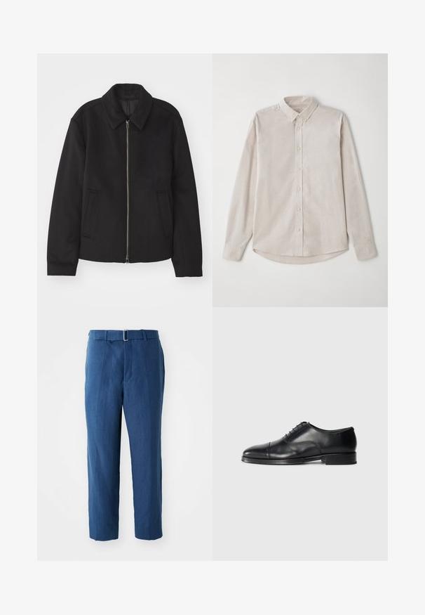 Musta takki vetoketjukiinnityksellä, muotoiltu design, pyöreä kaulus ja viilto-taskut. Valmistettu sileästä, tekstuuripinnoitteisesta kankaasta.; Vaaleanbeige pitkähihaisessa paidassa on pehmeä kangas. Siinä on nappikaulus ja keskellä nappisuljenta, sekä kaareva helma.; Tummansiniset, räätälöidyt housut kevyestä kankaasta. Ominaisuuksiin kuuluu istuva vyötärö vyöllä ja suora lahje, sileä rakenne.; Musta nahkakenkä pyöreällä kärjellä, sileällä pinnalla, nauhalla suljettuna, ja hienovaraisella sauman yksityiskohdalla, jossa on matala, tasapohjainen korko.