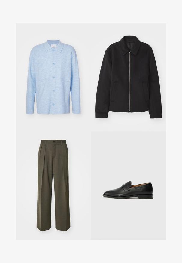 Giacca nera con chiusura con zip, design sartoriale, collo arrotondato e tasche a fessura. Realizzata in un tessuto morbido e texture.; Camicia azzurro chiaro a maniche lunghe con bottoni realizzata in tessuto morbido, dotata di colletto, due tasche frontali e bottoni abbinati.; Filippa K WIDE TROUSERS - Pantaloni - driftwood; Mocassino in pelle nera con punta arrotondata, dettagli cuciti sottili e tacco basso, caratterizzato da una texture liscia e un design minimalista.