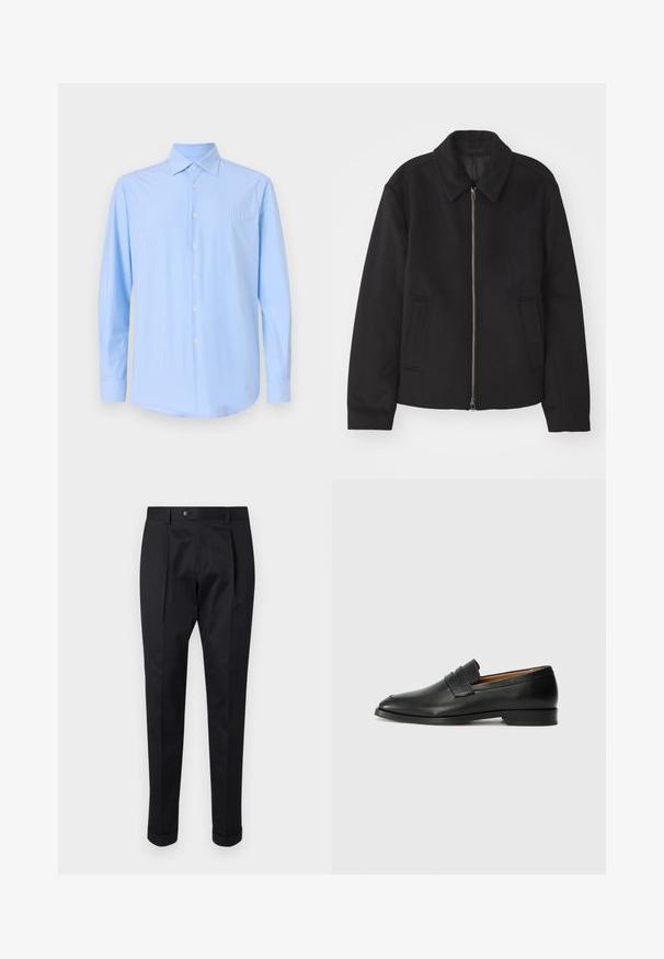 Crna jakna s patentnim zatvaračem, prilagođenog dizajna, zaobljenim kragnom i proreznim džepovima. Izrađena od glatkog, teksturiranog materijala.; Svijetloplava košulja s dugim rukavima, vertikalnim prugama, šiljastim ovratnikom i bijelim gumbima, izrađena od glatkog tkanog materijala.; Crne hlače od glatkog materijala, s preklopom sprijeda, kopčanjem na gumb i smotanim manžetama na gležnju.; Crni kožni loafer s okruglim vrhom, suptilnim šavovima i niskim petama, s glatkom teksturom i minimalističkim dizajnom.