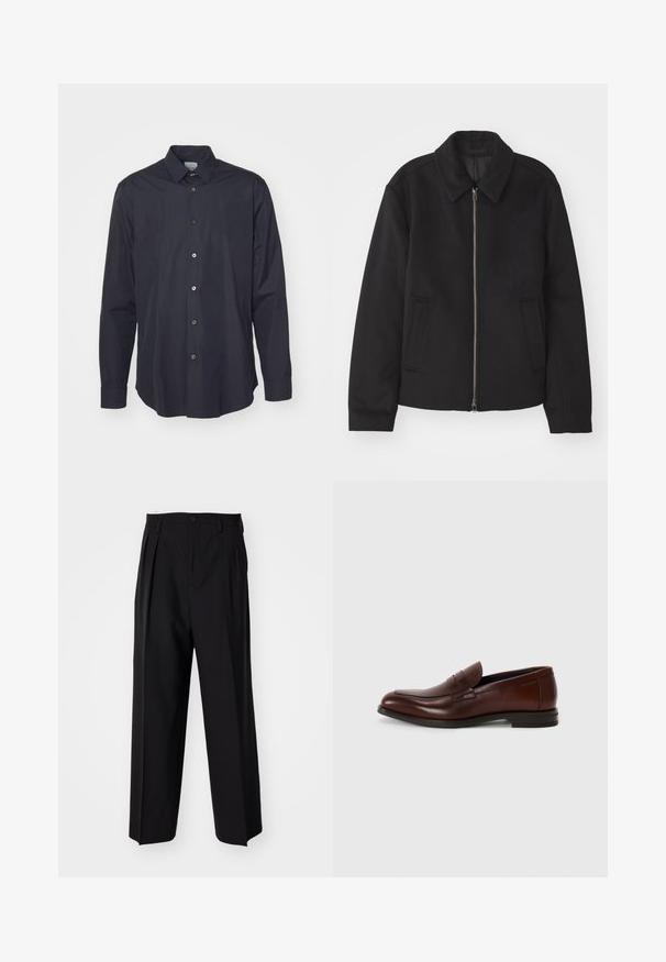 Crna jakna s patentnim zatvaračem, prilagođenog dizajna, zaobljenim kragnom i proreznim džepovima. Izrađena od glatkog, teksturiranog materijala.; Tamno plava košulja dugih rukava s dugim rukavima, izrađena od glatke tkanine, s klasičnom kragnom i pet gornjih dugmadi, s kontrastnim bojama dugmadi.; Crne plisirane hlače s ravnim širokim nogavicama. Izrađene od glatkog materijala, s dugmadi za zatvaranje i petljama za remen.; Smeđe kožne mokasine s zaobljenim prstima, detaljem remena sprijeda i niskim složenim potplatom. Glatka tekstura s minimalnim dekorativnim akcentima.