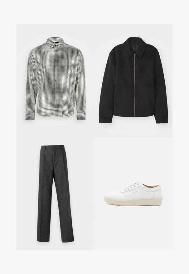 Black jacket with a zip closure, tailored design, a rounded collar, and slit pockets. Made from a smooth, textured fabric.; Button-up shirt in black and white checks with a collar, long sleeves, and a straight hem. Features a lightweight fabric and black buttons.; Gray tailored trousers made of textured fabric, featuring two front pleats and a straight-leg design. No visible pockets or embellishments.; White leather sneaker with a textured finish, round toe, beige rubber sole, and six grey lace eyelets, featuring subtle branding on the side.