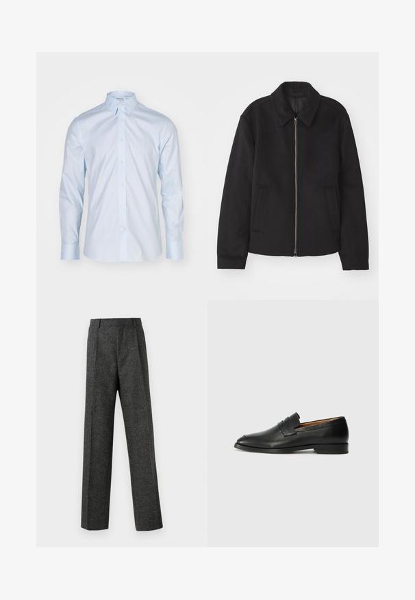 Zwarte jas met ritssluiting, op maat gemaakte ontwerp, ronde kraag en splitzakken. Gemaakt van een gladde, gestructureerde stof.; Lichtblauwe overhemd met lange mouwen, voorzien van een klassieke kraag, knoopsluiting en contrasterende knopen; gemaakt van gladde stof met een frisse afwerking.; Grijze op maat gemaakte broek van gestructureerde stof, met twee voorplooien en een rechte pijp. Geen zichtbare zakken of versieringen.; Zwarte leren instapper met een ronde neus, subtiele stikdetails en een lage hak, met een gladde textuur en een minimalistisch ontwerp.