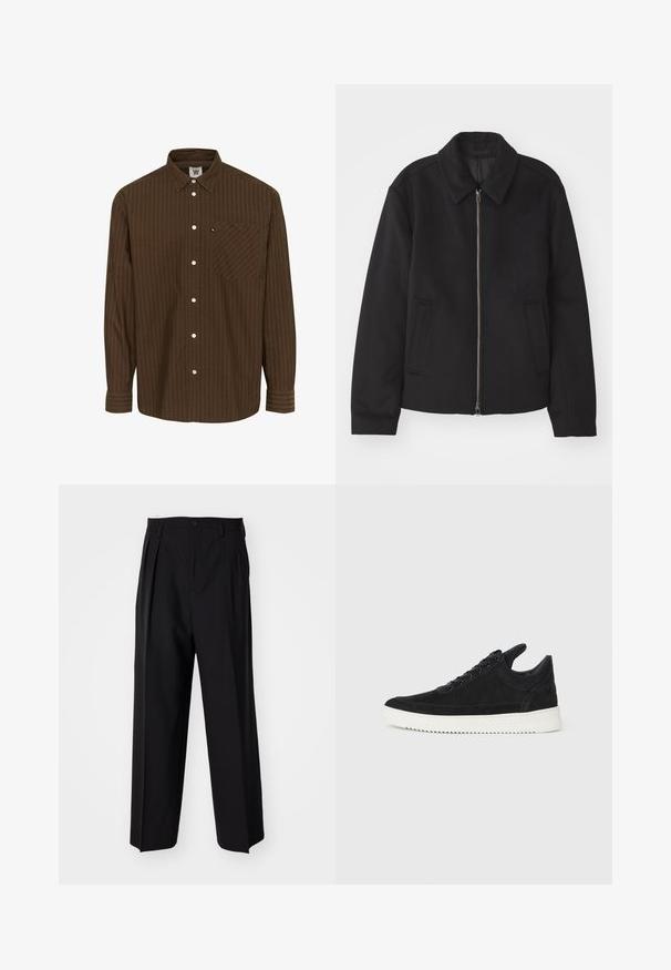 Veste noire avec fermeture éclair, design ajusté, col arrondi et poches fendue. Fabriquée dans un tissu lisse et texturé.; Chemise à boutons rayée marron avec un col, des manches longues et une poche poitrine ; présente des boutons blancs et un tissu texturé.; Pantalons plissés noirs avec un design droit et large. Fabriqués en tissu lisse, avec une fermeture à bouton et des passants de ceinture.; Baskets en daim noir avec une semelle en caoutchouc blanc, présentant des coutures tonales et un design lacé. Texture lisse avec une forme moderne et épurée.