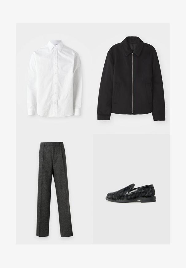 Veste noire avec fermeture éclair, design ajusté, col arrondi et poches fendue. Fabriquée dans un tissu lisse et texturé.; Chemise blanche à manches longues en coton lisse avec un motif à pois subtil, col classique, boutonnière à l'avant et poignets arrondis.; Pantalon gris ajusté en tissu texturé, doté de deux plis sur le devant et d'une coupe droite. Pas de poches visibles ni de décorations.; Chaussure slip-on tissée noire avec un accent en cuir lisse sur le dessus, un design à bout rond et une semelle en caoutchouc à profil bas.