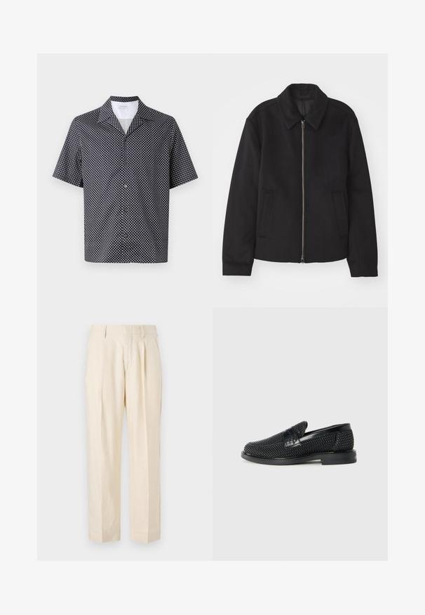 Svart jacka med dragkedjestängning, skräddarsydd design, rund krage och slitsfickor. Tillverkad av ett slätt, strukturerat tyg.; Kortärmad skjorta i marinblått tyg med ett vitt cirkelformat mönster, krage med snibb och knäppning framtill med svarta knappar.; NN.07 KAY - Tygbyxor - off white; Svart vävd slip-on sko med en slät läderdetalj på ovansidan, med rund tådesign och en låg gummisula.