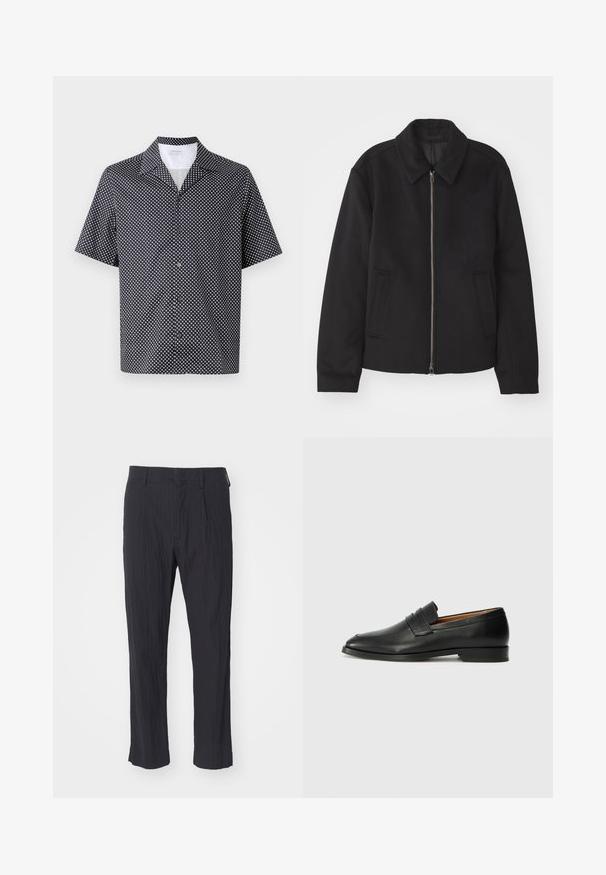 Černá bunda se zipovým uzávěrem, střižená designem, kulatým límcem a kapsami na bocích. Vyrobena z hladké, strukturované tkaniny.; Košile s krátkým rukávem ve námořnické látce, která má bílý kruhový vzor, klopový límec a zapínání na knoflíky s černými knoflíky.; Černé plisé kalhoty s texturovanou tkaninou, s rovně střiženými nohavicemi a standardním pasem. Žádné viditelné kapsy nebo kovové prvky.; Černé kožené mokasíny s kulatou špičkou, jemným prošíváním a nízkým podpatkem, s hladkým povrchem a minimalistickým designem.