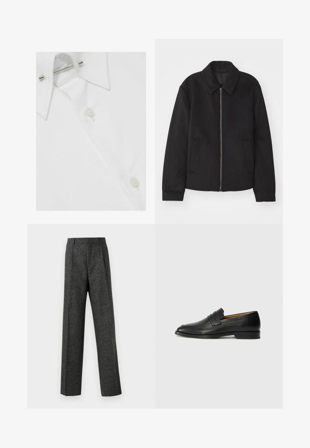 Črna jakna z zadrgo, prilagojena zasnova, okrogla ovratnica in žepi z rezi. Narejena iz gladke, teksturirane tkanine.; Bela bombažna srajca z ovratnikom klasik, gumbi za zapiranje in kovinsko ovratno držalo, ki prikazuje gladek, teksturiran zaključek.; Sive krojene hlače iz teksturirane tkanine, ki imajo dva sprednja nabora in ravno kroj. Brez vidnih žepov ali okrasnih elementov.; Črne usnjene loferice z zaobljenim prstom, subtilnim šivanjem in nizkim petam, ki se odlikujejo po gladki teksturi in minimalističnem oblikovanju.