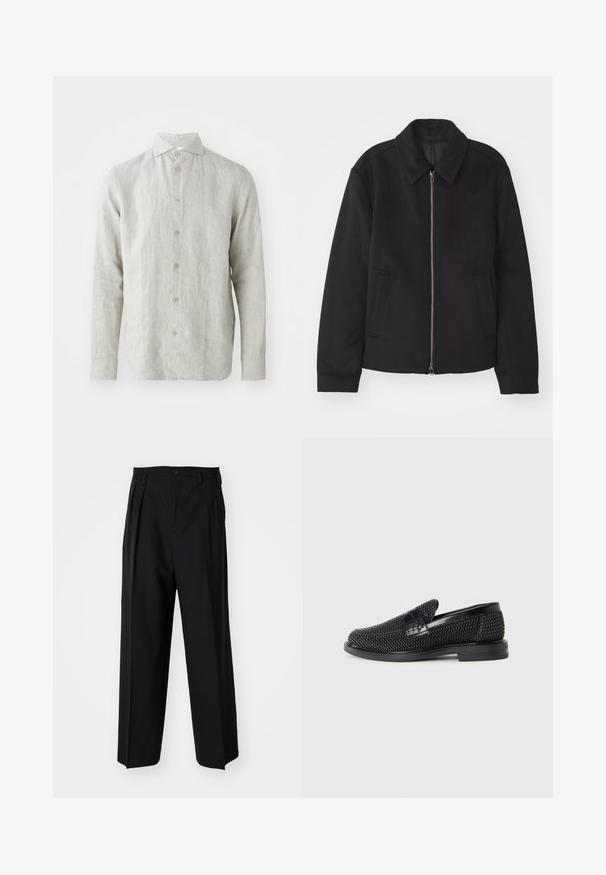 Black jacket with a zip closure, tailored design, a rounded collar, and slit pockets. Made from a smooth, textured fabric.; Light gray linen shirt with a button-down front, classic collar, and long sleeves. Features subtle texture and five brown buttons.; Black pleated trousers with a straight, wide-leg design. Made from smooth fabric, featuring a button closure and belt loops.; Black woven slip-on shoe with a smooth leather accent on the upper, a round toe design, and a low-profile rubber sole.